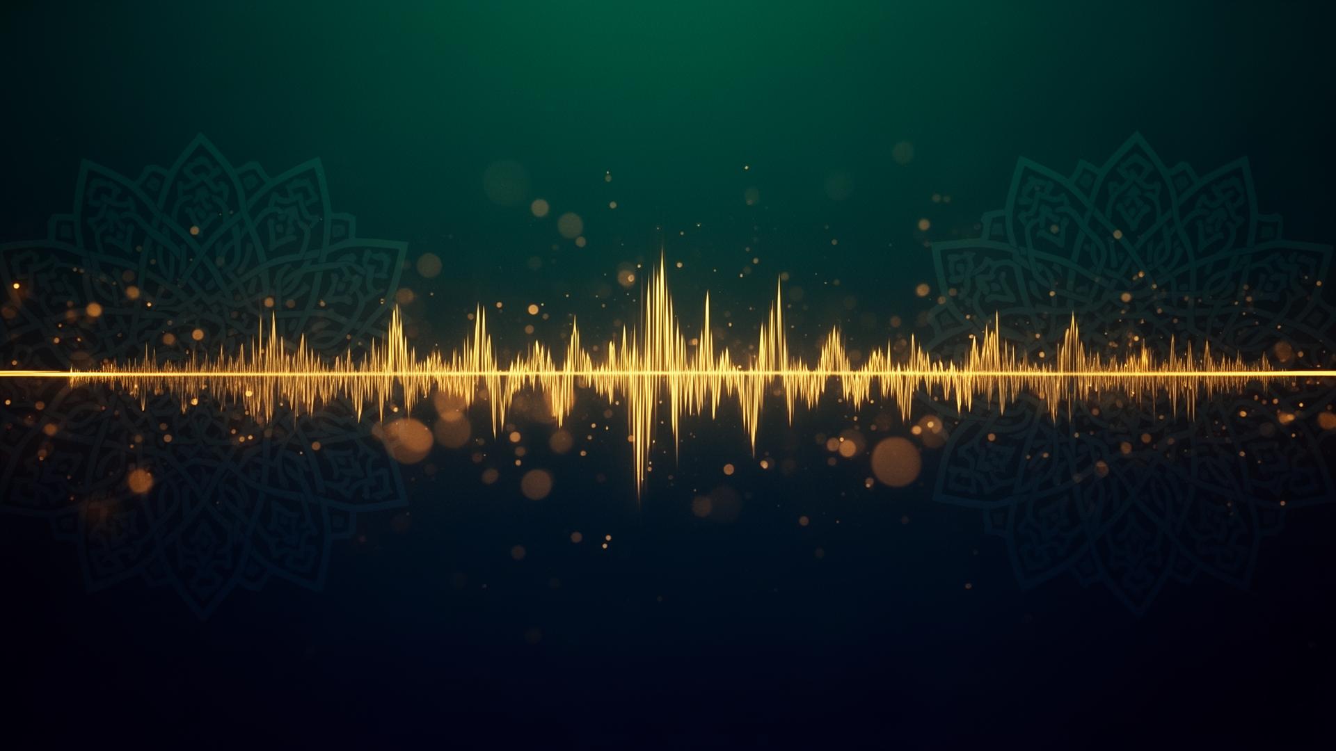 Golden Quran recitation waveform on emerald background